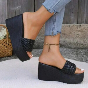 Women's Weave Striped Checkered Slip-On High-Heeled Sandals, Peep Toe Black